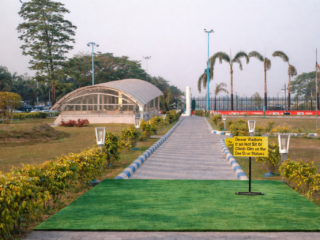 lively park with warning sign